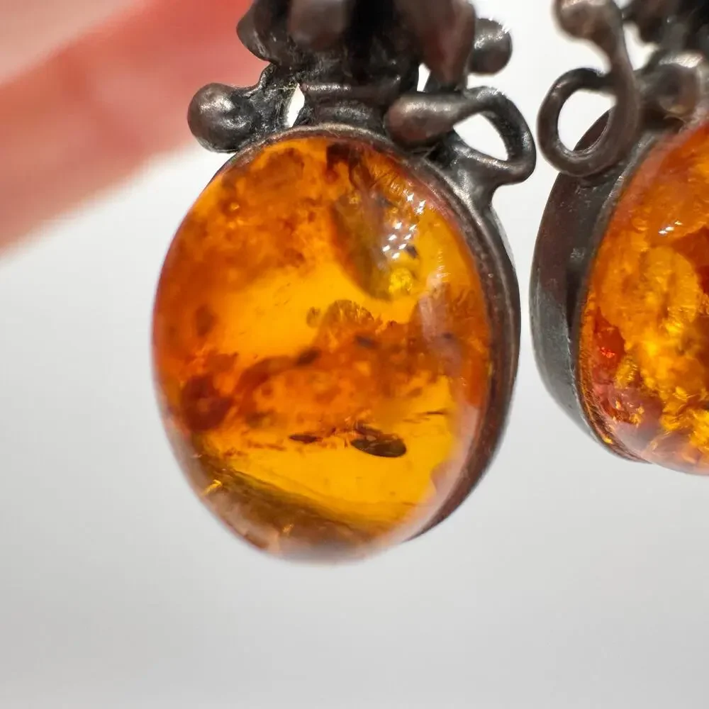 Amber Patina’d Silver Earrings Art Nouveau Style Floral Acid Tested Ornate 4.78g - Picture 2 of 13
